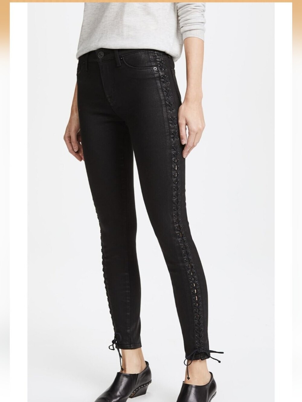 Hudson The Stevie Mid Rise Lace Up Skinny Jeans Black Coated Denim 28
